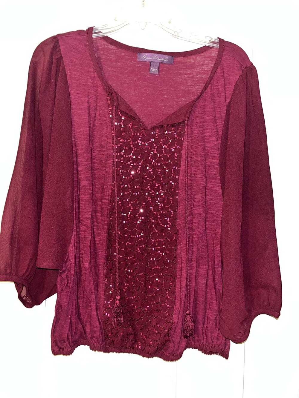 Gloria Vanderbilt Wine Sequin Peasant Blouse - Women's Top